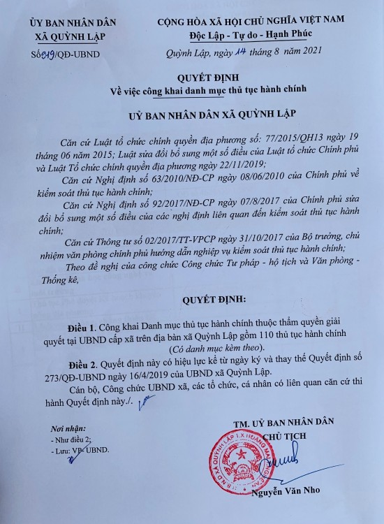 Quyết định ban hành bộ thủ tục hành chính của UBND xã Quỳnh Lập
