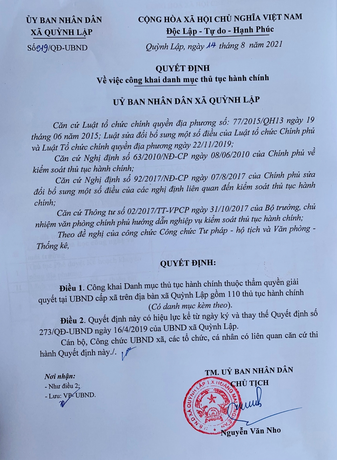 Quyết định ban hành bộ thủ tục hành chính của UBND xã Quỳnh Lập