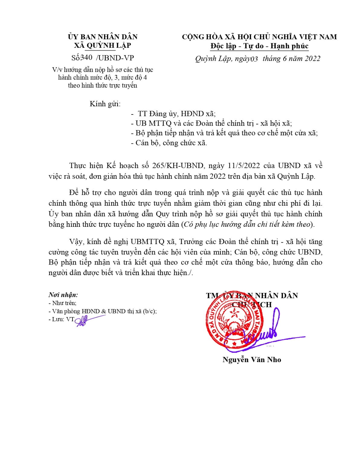 Công văn triể khai dịch vụ công trực tuyến của UBND xã Quỳnh Lập