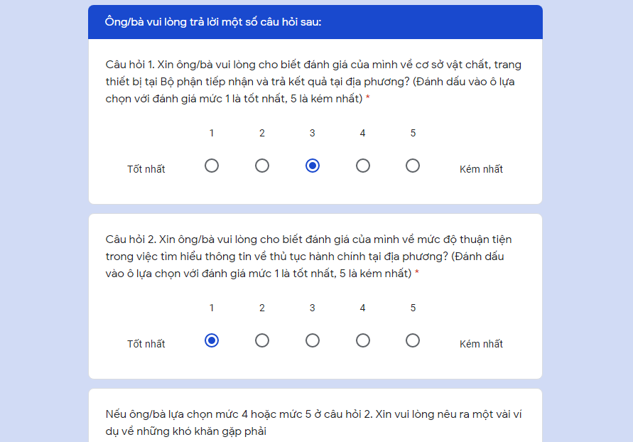 Hướng dẫn đánh giá cải cách hành chính trên Google Form